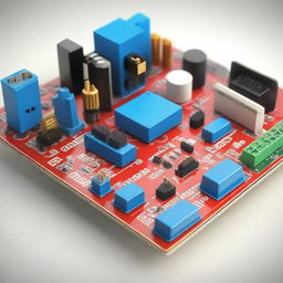 A detailed 3D model of electrical circuits featuring an Arduino board with various components like resistors, capacitors, LEDs, and wires