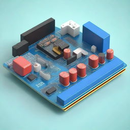 A detailed 3D model of electrical circuits featuring an Arduino board with various components like resistors, capacitors, LEDs, and wires