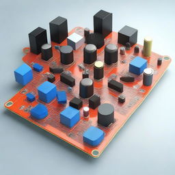 A detailed 3D model of electrical circuits featuring an Arduino board with various components like resistors, capacitors, LEDs, and wires