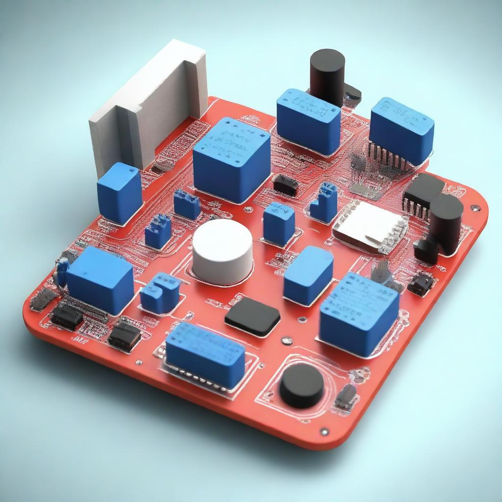 A detailed 3D model of electrical circuits featuring an Arduino board with various components like resistors, capacitors, LEDs, and wires