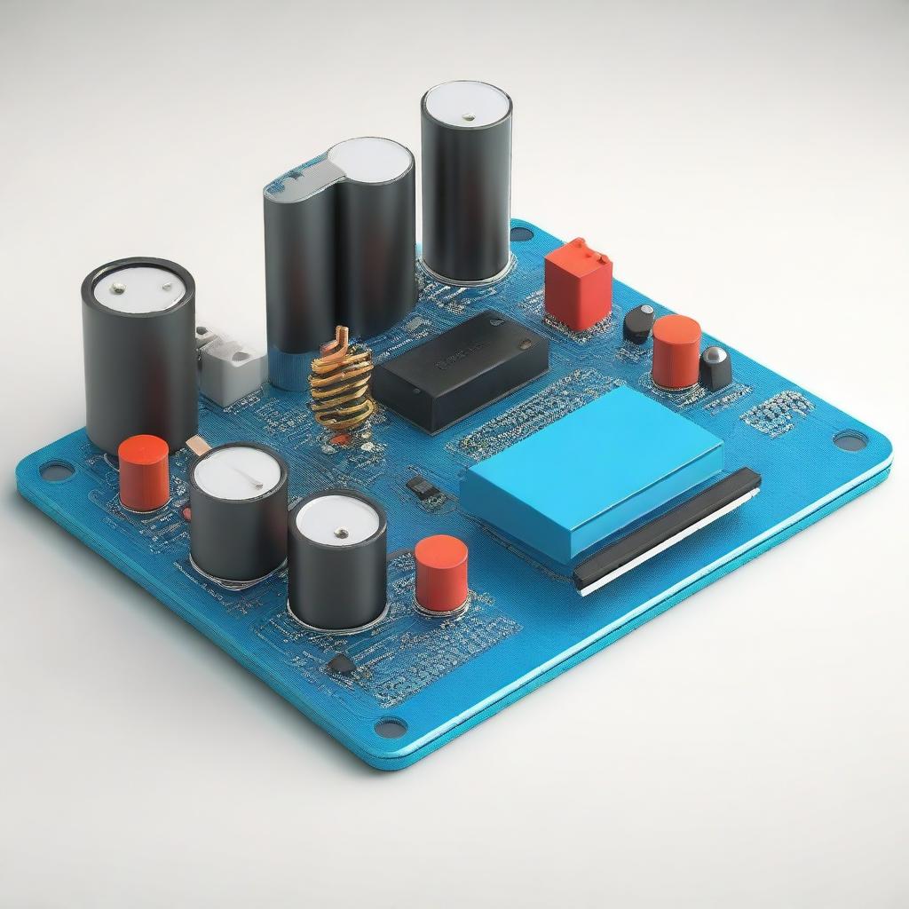 A detailed 3D model of electrical circuits featuring an Arduino board with various components like resistors, capacitors, LEDs, and wires