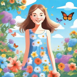 An illustration of a girl standing in a beautiful garden, surrounded by colorful flowers and butterflies