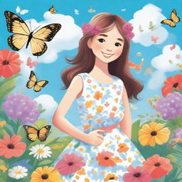 An illustration of a girl standing in a beautiful garden, surrounded by colorful flowers and butterflies