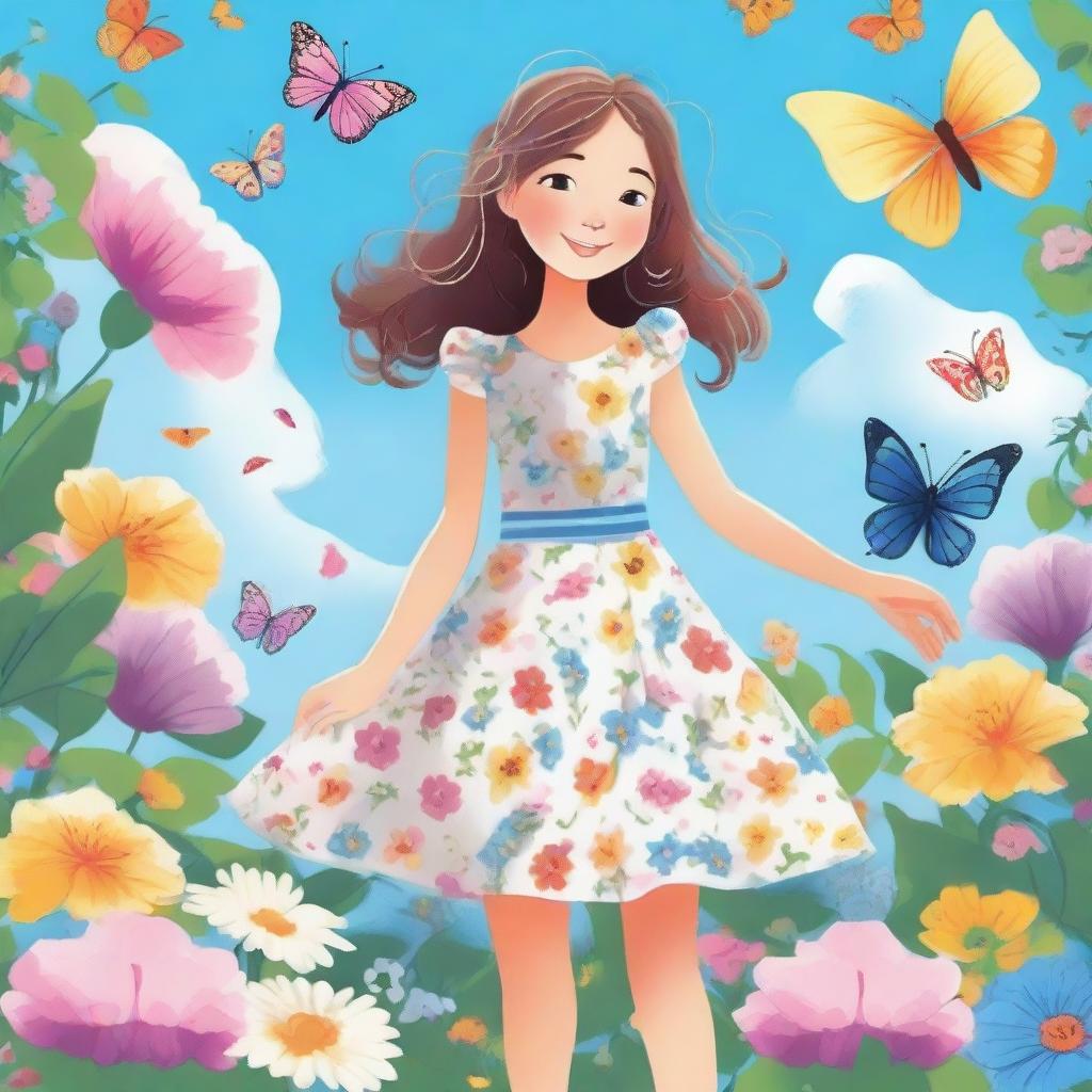 An illustration of a girl standing in a beautiful garden, surrounded by colorful flowers and butterflies