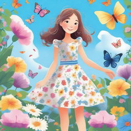 An illustration of a girl standing in a beautiful garden, surrounded by colorful flowers and butterflies