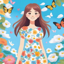 An illustration of a girl standing in a beautiful garden, surrounded by colorful flowers and butterflies