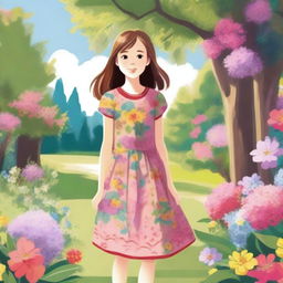 A detailed and charming illustration of a young girl with a joyful expression, wearing a colorful dress and standing in a picturesque outdoor setting with flowers and trees