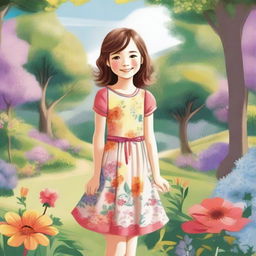 A detailed and charming illustration of a young girl with a joyful expression, wearing a colorful dress and standing in a picturesque outdoor setting with flowers and trees