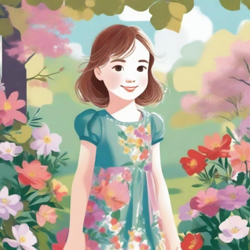 A detailed and charming illustration of a young girl with a joyful expression, wearing a colorful dress and standing in a picturesque outdoor setting with flowers and trees