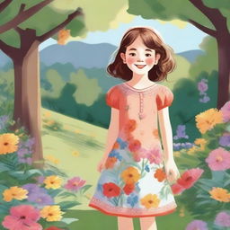 A detailed and charming illustration of a young girl with a joyful expression, wearing a colorful dress and standing in a picturesque outdoor setting with flowers and trees