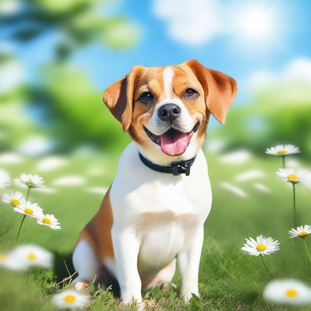 A detailed image of a cute dog sitting in a grassy park on a sunny day