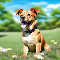 A detailed image of a cute dog sitting in a grassy park on a sunny day