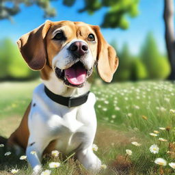 A detailed image of a cute dog sitting in a grassy park on a sunny day