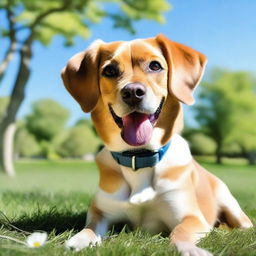 A detailed image of a cute dog sitting in a grassy park on a sunny day