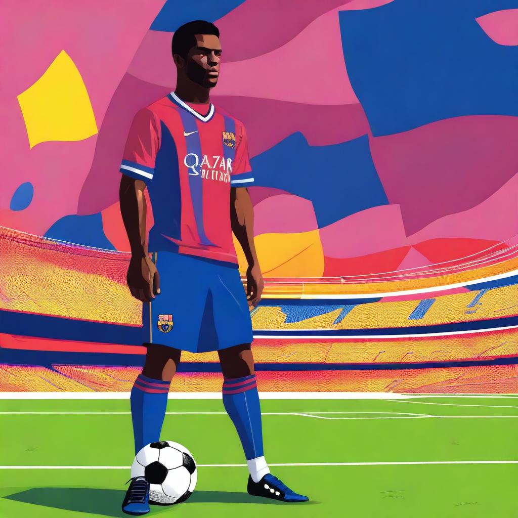 A vibrant and colorful illustration of a football player named Nico who is not joining FC Barcelona