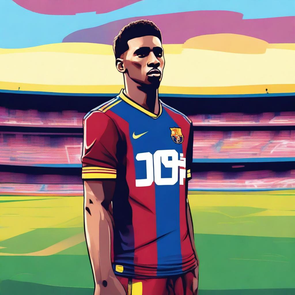 A vibrant and colorful illustration of a football player named Nico who is not joining FC Barcelona