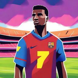 A vibrant and colorful illustration of a football player named Nico who is not joining FC Barcelona