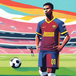 A vibrant and colorful illustration of a football player named Nico who is not joining FC Barcelona