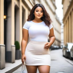 A beautiful and attractively curvy lady with light brown skin, a round posterior, and a small waist, wearing a short white skirt