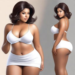 A beautiful and attractively curvy lady with light brown skin, a round posterior, and a small waist, wearing a very short white wet skirt and a white bra