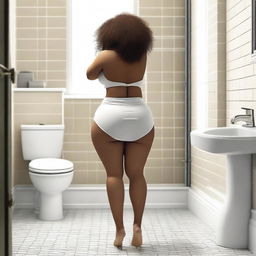 A beautiful and attractively curvy lady with light brown skin, a round posterior, and a small waist, wearing a very short white skirt and no bra