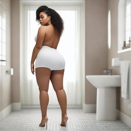 A beautiful and attractively curvy lady with light brown skin, a round posterior, and a small waist, wearing a very short white skirt and no bra