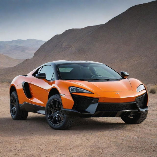 A unique automotive creation blending the sleek, sporty lines of a McLaren with the rugged, bold physique of a Hummer.