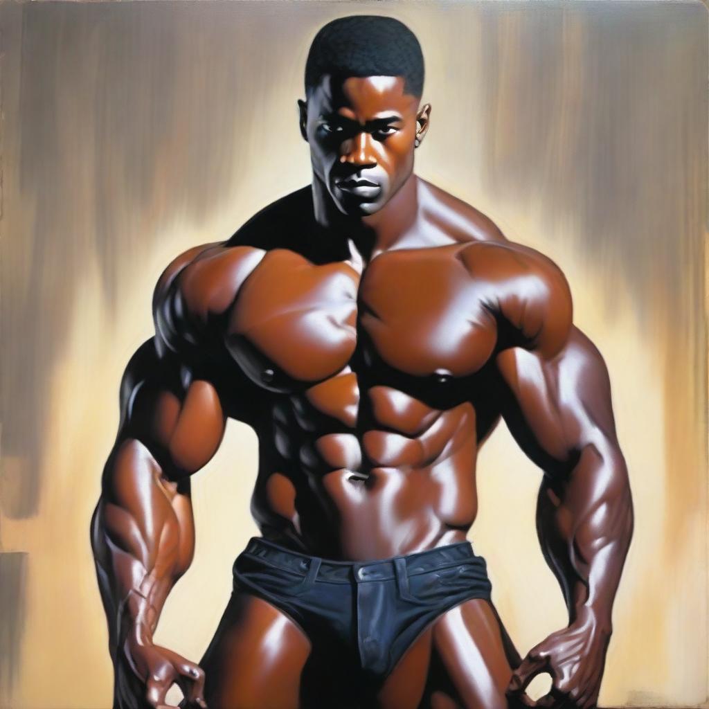 A polished oil-based painting of a full-body view of a sexy, muscular Black man