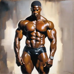 A polished oil-based painting of a full-body view of a sexy, muscular Black man