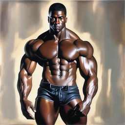 A polished oil-based painting of a full-body view of a sexy, muscular Black man