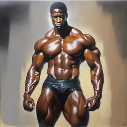 A polished oil-based painting of a full-body view of a sexy, muscular Black man