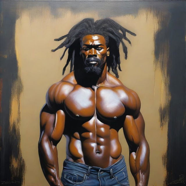 A polished oil-based painting of a full-body view of a sexy, muscular Black man with dreadlocks