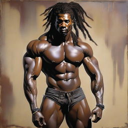 A polished oil-based painting of a full-body view of a sexy, muscular Black man with dreadlocks