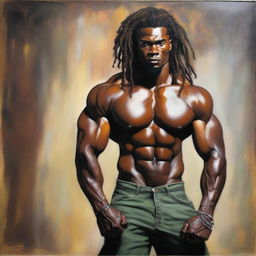 A polished oil-based painting of a full-body view of a sexy, muscular Black man with dreadlocks