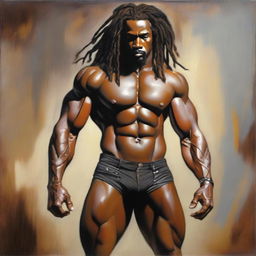 A polished oil-based painting of a full-body view of a sexy, muscular Black man with dreadlocks