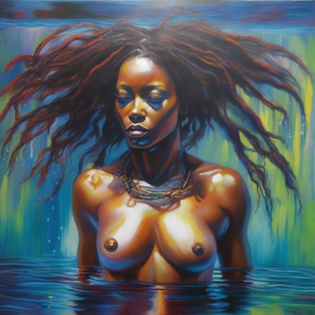 A polished, oil-based painting of a full-body view of a sexy Black woman with dreadlocks swimming