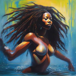 A polished, oil-based painting of a full-body view of a sexy Black woman with dreadlocks swimming