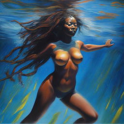 A polished, oil-based painting of a full-body view of a sexy Black woman with dreadlocks swimming