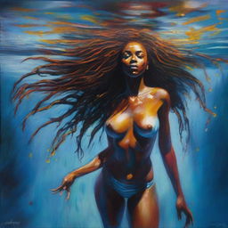 A polished, oil-based painting of a full-body view of a sexy Black woman with dreadlocks swimming