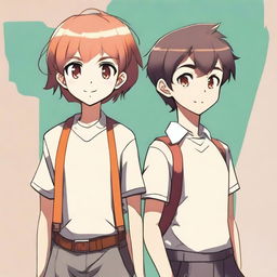 A tomboyish girl with short hair and a confident stance standing next to a cute boy with a shy smile