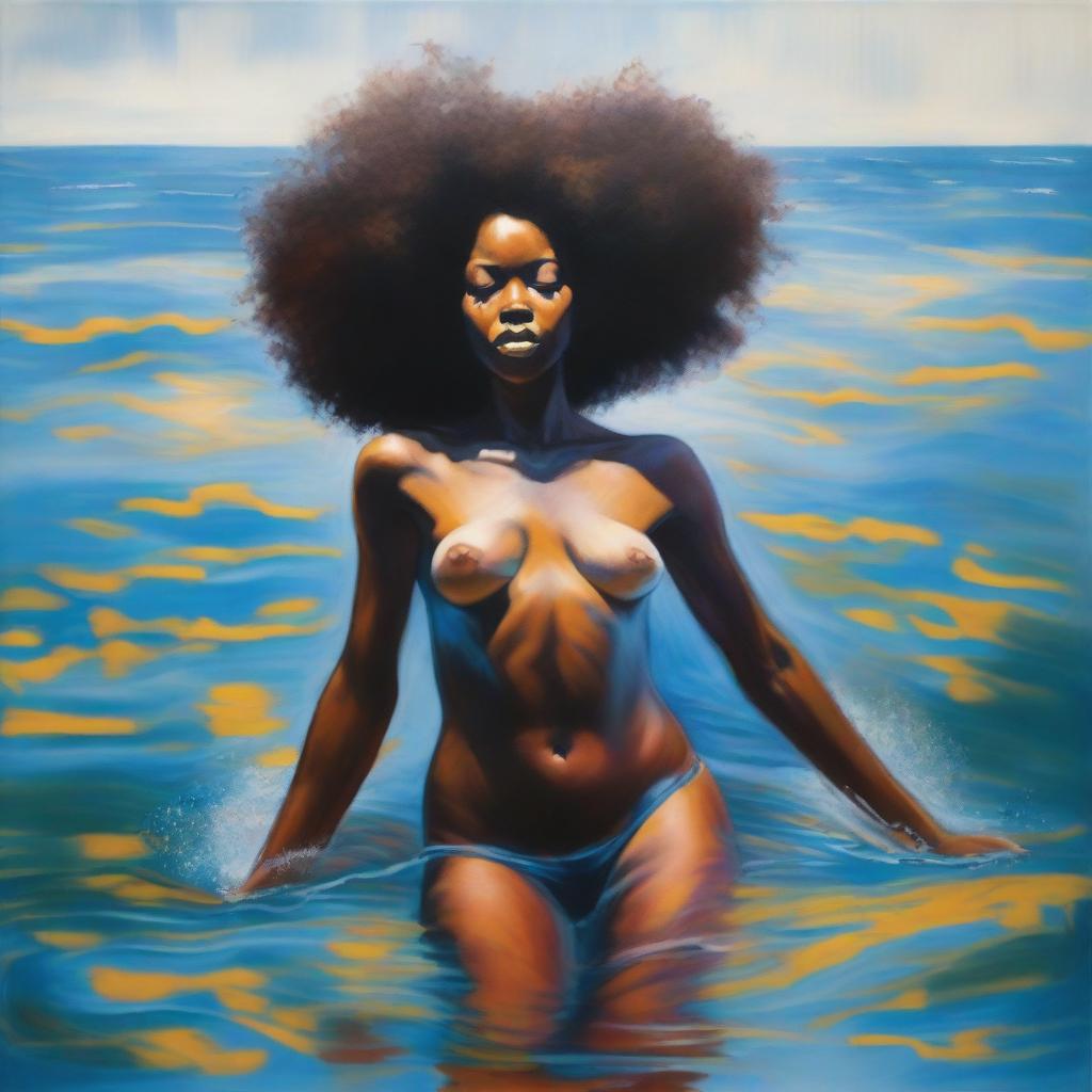 A polished oil-based painting of a full-body view of a beautiful Black woman with an afro swimming