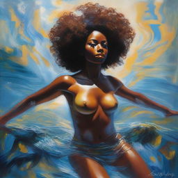 A polished oil-based painting of a full-body view of a beautiful Black woman with an afro swimming