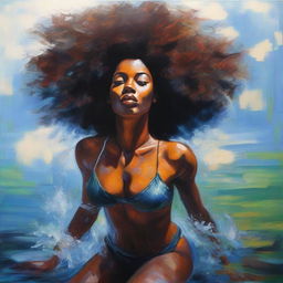 A polished oil-based painting of a full-body view of a beautiful Black woman with an afro swimming