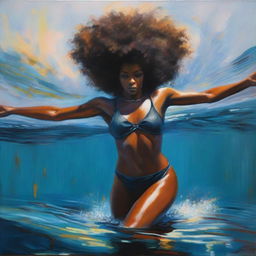 A polished oil-based painting of a full-body view of a beautiful Black woman with an afro swimming