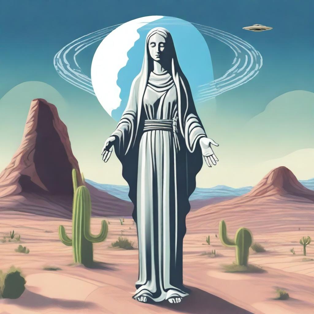 Create an image of the Virgin Mary with a gray alien face and open arms, standing in the desert with a UFO hovering above her