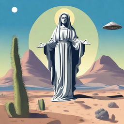 Create an image of the Virgin Mary with a gray alien face and open arms, standing in the desert with a UFO hovering above her