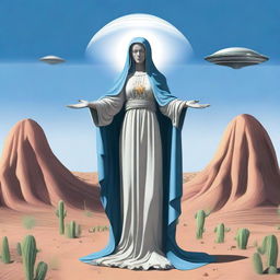 Create an image of the Virgin Mary with a gray alien face and open arms, standing in the desert with a UFO hovering above her