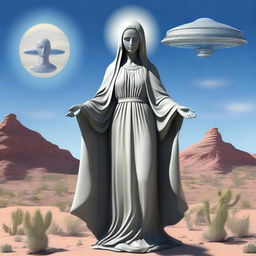 Create an image of the Virgin Mary with a gray alien face and open arms, standing in the desert with a UFO hovering above her