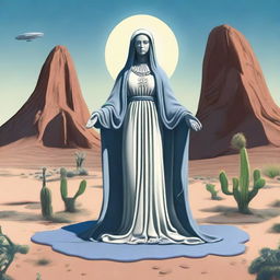 Create an image of the Virgin Mary with a gray alien face and open arms, standing in the desert with a UFO hovering above her