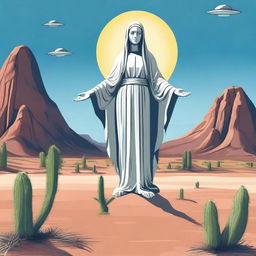 Create an image of the Virgin Mary with a gray alien face and open arms, standing in the desert with a UFO hovering above her